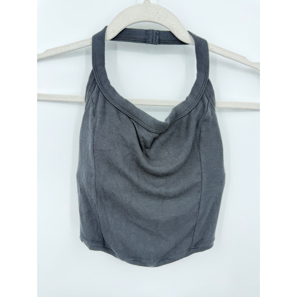 Oner active Ribbed Halter Tank Top Women Size S black Cowl Neck Shelf Bra